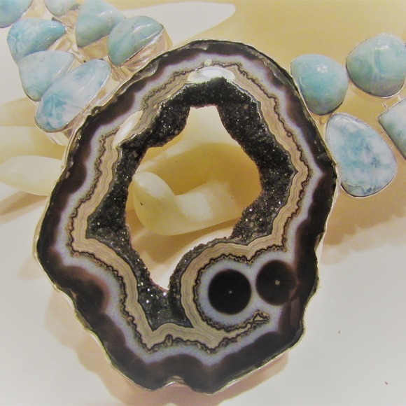 Amazing Larimar Crystal Druzy Agate Slice Necklace - Picture 2 of 8